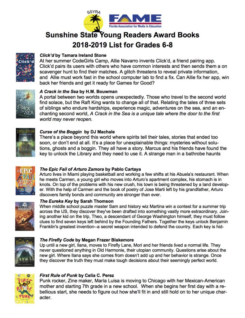 Sunshine State Young Readers Award List 201819 Chasco Middle School